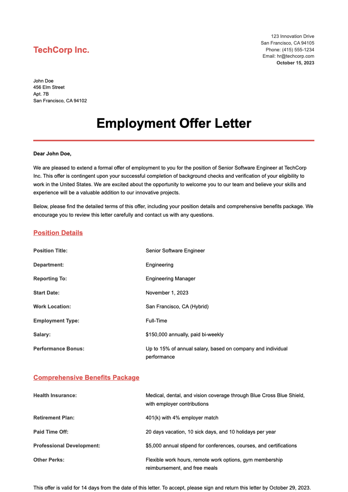 Professional employment offer letter for Senior Product Manager with benefits package_variant_2